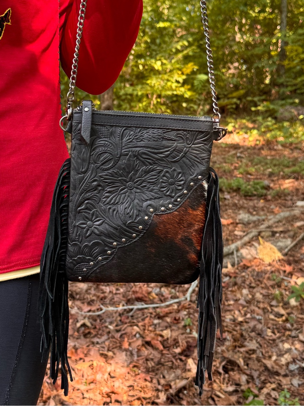 Montana West Black & Brown Tooled Fringe Crossbody Bag